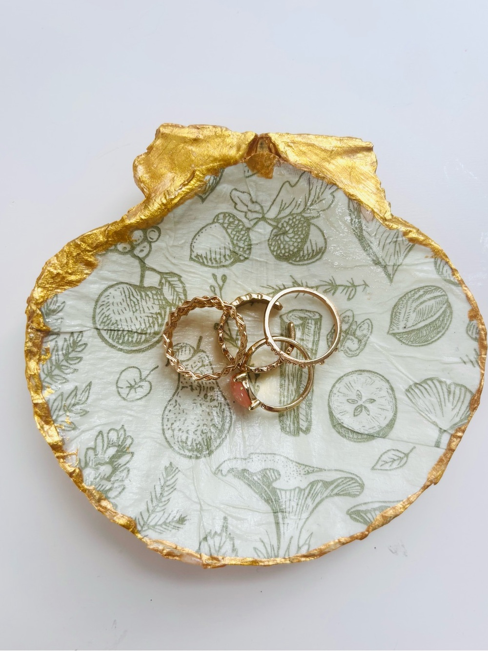 Handmade Scallop Shell Trinket Dish w/ decoupage green autumnal design
